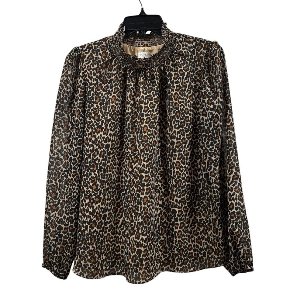 J. Crew Factory Leopard Smocked Mockneck in Tiber Leopard Black Khaki Size XS